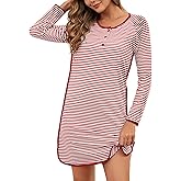 VibeVista Nightgowns for Women Soft Cotton Striped Sleepwear Sleep Shirts Long Sleeve Crew Neck House Dresses Night Gown