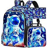 AGSDON 3PCS Astronaut Backpack for Boys, 16" Little Kids Preschool Bookbag, Elementary Backpacks and Lunch Box - Blue