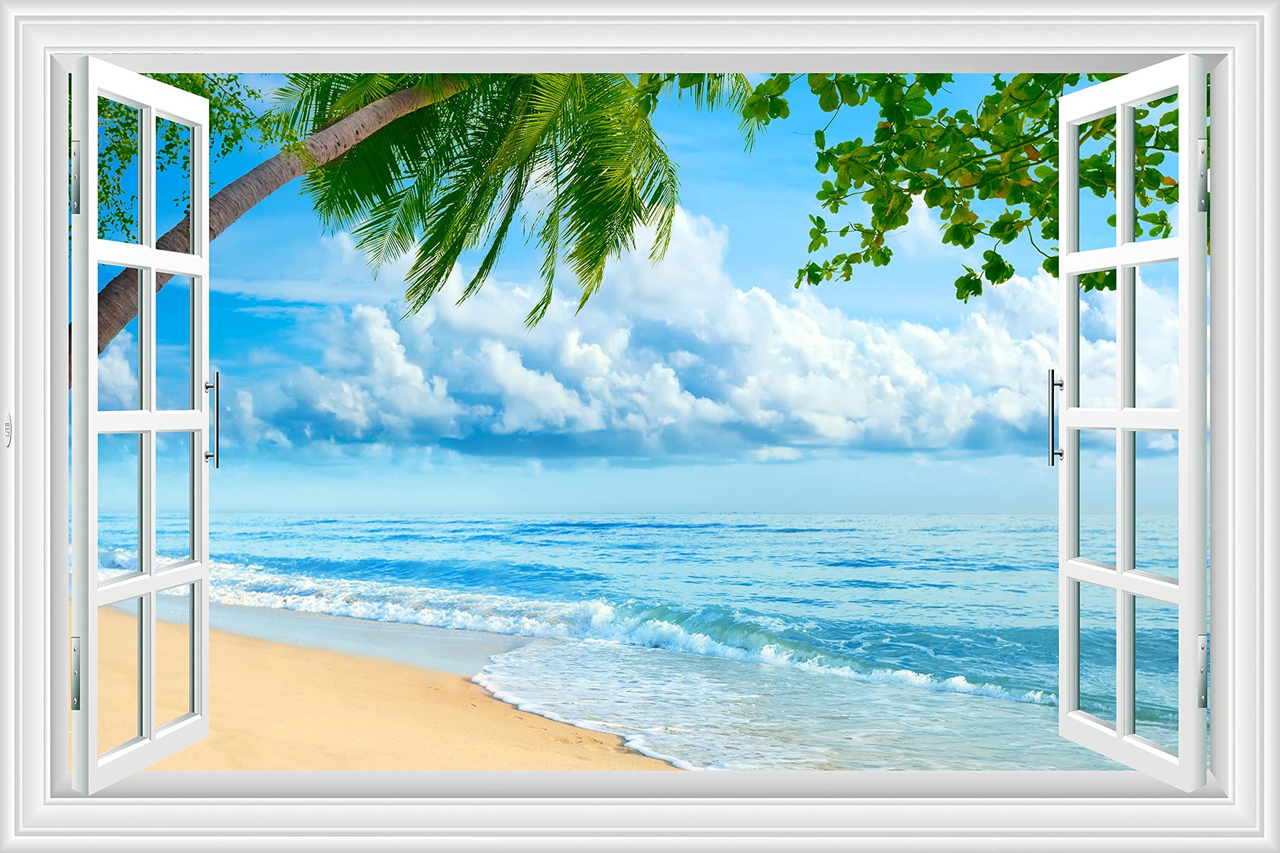 Lichi 3D Fake Window Wall Sticker Mural Decal of Sea Beach Coconut Tree View Scenery with Wind