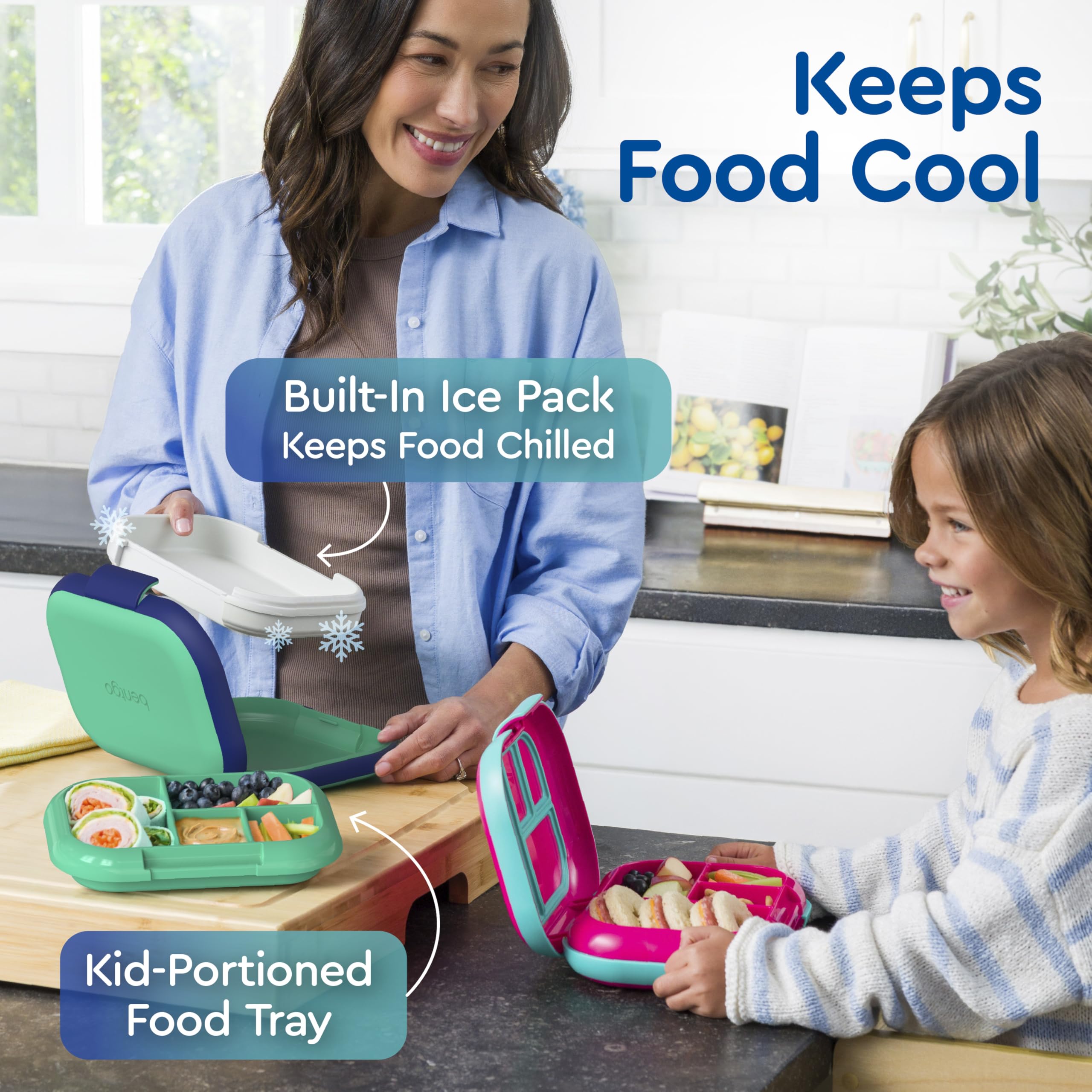 Bentgo Chill Kids Leak-Proof Lunch Box - 4-Compartment Bento Box with Built-In Ice Pack, 3.3 Cup Capacity, PFAS & BPA-Free, Microwave & Dishwasher Safe, Ideal Size for Ages 3 to 7 (Green/Navy)