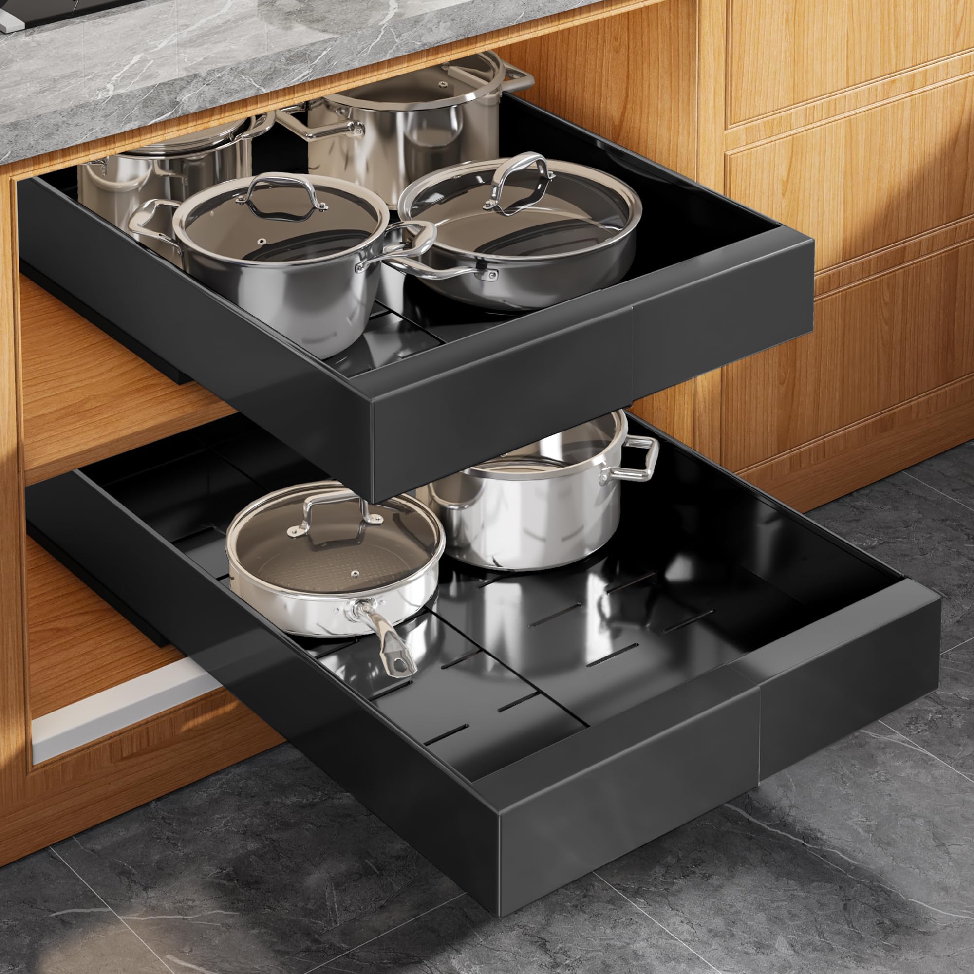 Photo 1 of ***FACTORY SEAL***
Seinloes 2 Pack Expandable Pull Out Cabinet Organizer 21" Deep with Raising Pad for Framed Cabinets,Upgrade 3 Slide Rails Slide Out Drawers,Roll Out Shelves Adhesive,Adjustable Width 9"-14.1" Black