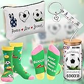 JenPen 4 Pcs Valentine's Day Soccer Gifts for Women Girls Include 17oz Glass Cup with Lid Straw Soccer Crew Socks Makeup Bag Keychain Accessories for Mom Coach Players Lover Teams