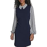 Tommy Hilfiger Women's Long Sleeve Collared Peter Pan Shift Mini Dress, Sky Captain/Ivory, 16
