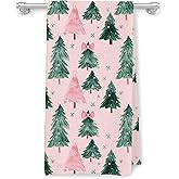 JMICPTUB Pink and Green Christmas Tree Kitchen Towels, Coquette Christmas Dish Tea Towels, Preppy Pink Bow Xmas Tree Decorative Hand Towel for Kitchen Bathroom, 16x24 Inch