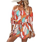 SHENHE Women's Off Shoulder Flutter Sleeve Boho Tropical Romper Short Jumpsuit Playsuit