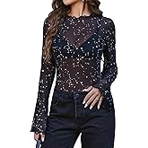 Avidlove Mesh Tops for Women Long Bell Sleeve Blouses Sexy Going Out Shirt Sheer Winter Outfits 2025