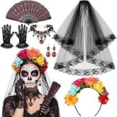 Capoda 6 Pcs Day of the Dead Accessories Headband Veil Fan Gloves Jewelry | Dia de los Muertos Accessories with Flower Headband Black Veil Lace Fan Gloves Necklace Earring Jewelry for Halloween Catrina