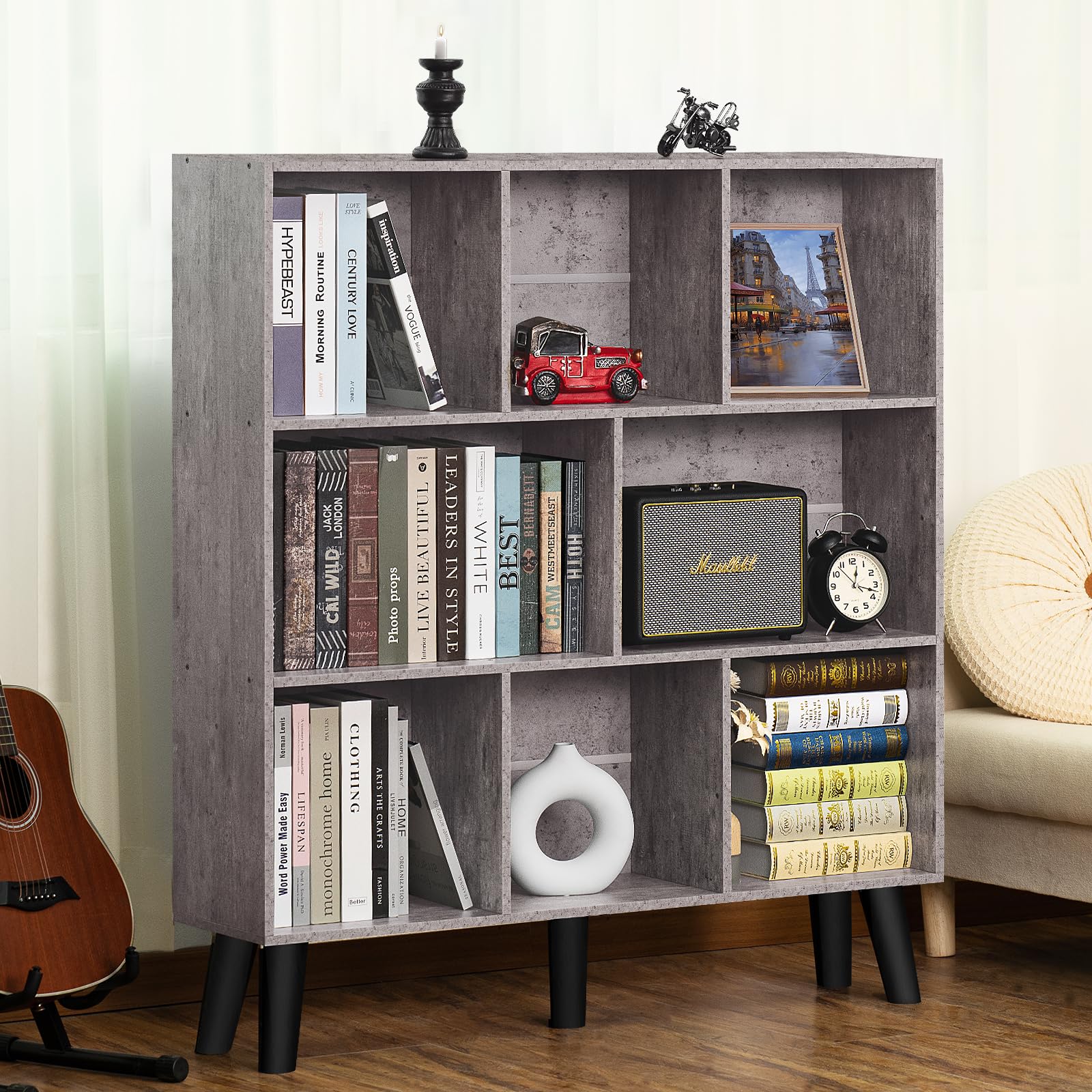 Photo 1 of LEYAOYAO 8 Cube Bookshelf,Farmhouse Bookcase with Legs,Modern Dirty Grey Mid-Century Bookshelves,Large 3 Tier Open Storage Organizer Shelf, Retro Wood Display Book Case