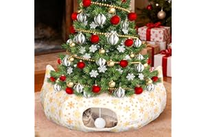 FODAHRWS 3-in-1 White Christmas Tree Cat Tunnel, 3ft x 3ft x 10 in Christmas Tree Skirt Bed with Donut Cave & Hanging Ball, Washable Soft Plush Tunnel Bed for Indoor Cats Play, Xmas Tree Protect and Decor