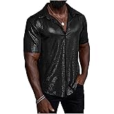 WDIRARA Men's 70s Disco Top Crocodile Pattern Button Down Shirt Short Sleeve Rave Party PU Leather T Shirt