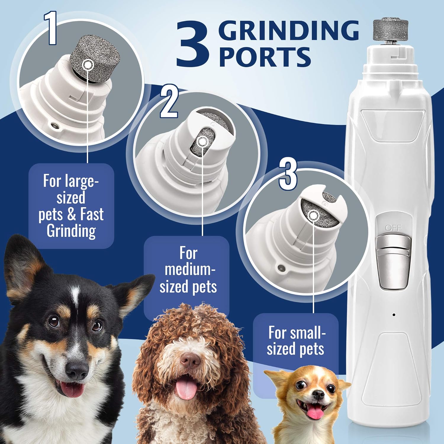 REXIPETS Dog Nail Grinder Clipper - Professional LED Rechargeable Electric Pet Nail Trimmer - Painless Paws Grooming & Smoothing - Quiet 2-Speed Motor - 3 Size Ports For Small Medium Large Dogs & Cats