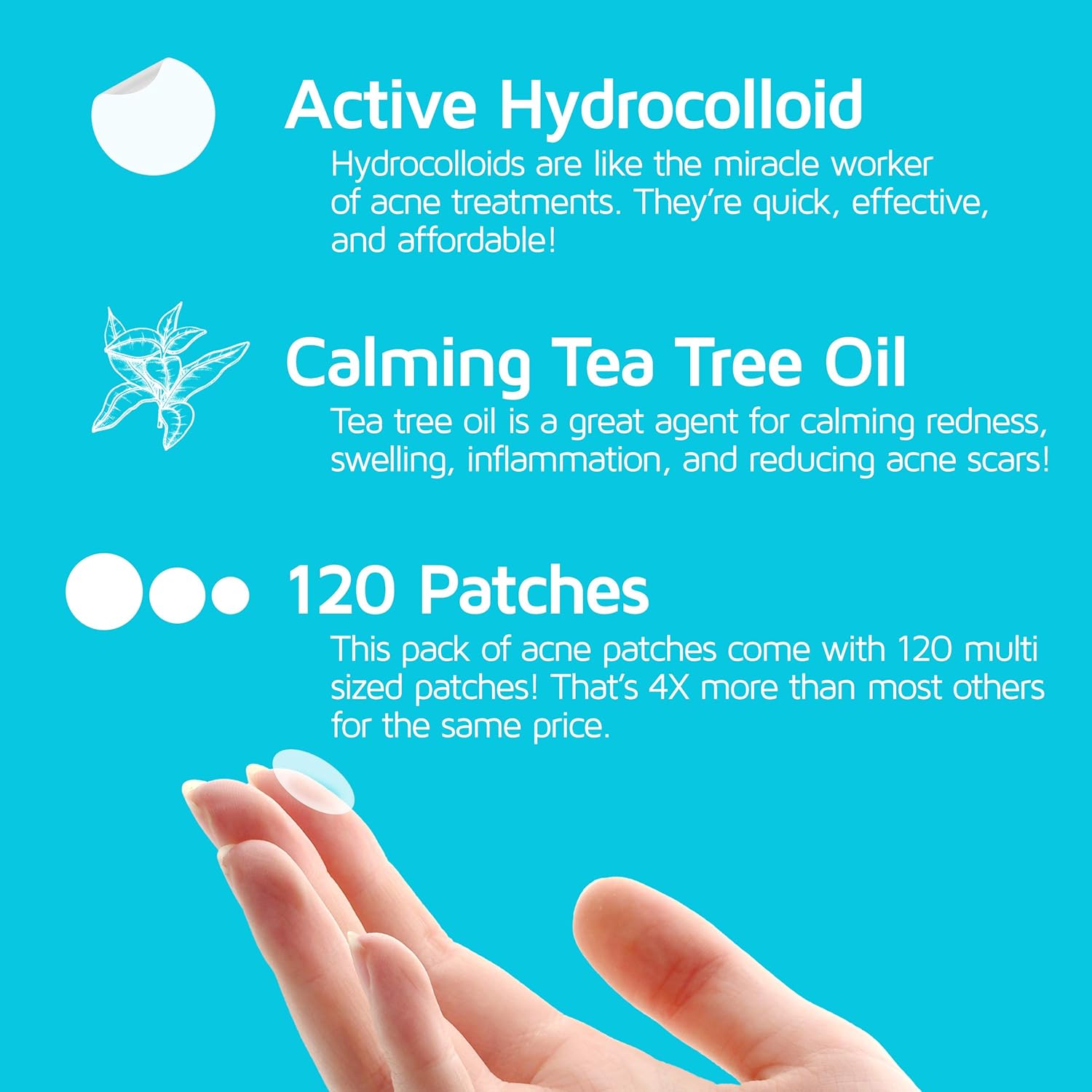 Acne Patches (120 Pack), Tea Tree Oil and Hydrocolloid Pimple Patches for Face, Zit Patch (3 Sizes), Blemish Patches, Acne Dots, Pimple Stickers, 100% All Natural Acne Patch and Pimple Patch: Beauty