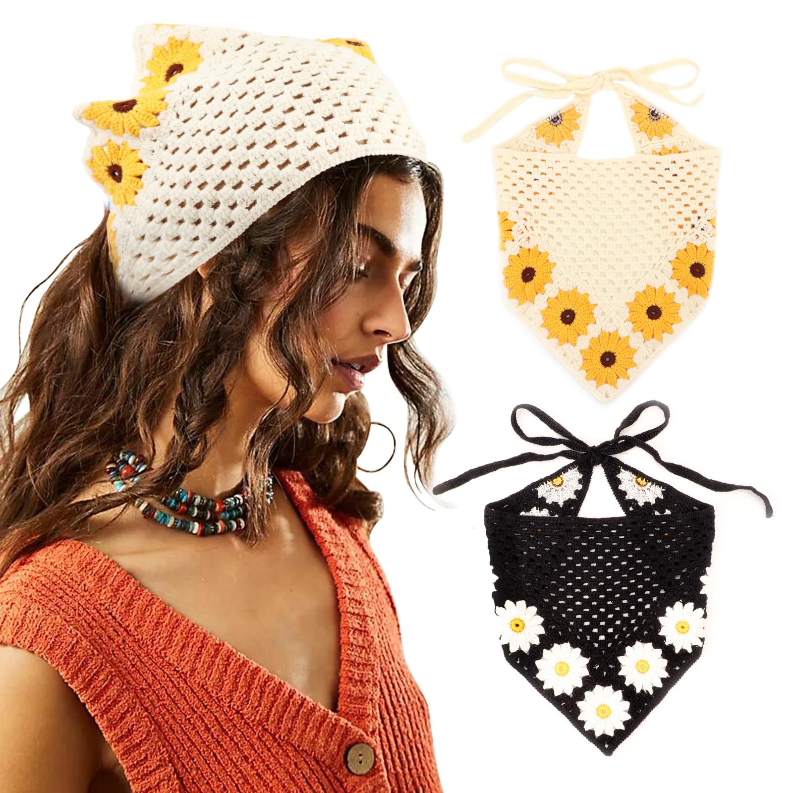 DRESHOW 2 PCS Crochet Hair Bandana Vintage Knotted Headscarf Strawberry Print Headband Knitted Head Kerchief for Women Girls — image 1