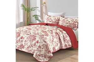 WONGS BEDDING Botanical Quilt Set King Size, Christmas Red 3 Pieces Floral Plants Printed Bedspread Bedding Set Christmas Soft Lightweight Microfiber Coverlet Set for All Season (104"x90")