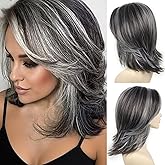 SEVENCOLORS Dark Grey Layered Wigs for Women Medium Length Gray Mixed Silver Wig with Curtain Bangs Synthetic Hair Short Wavy Bob Wigs