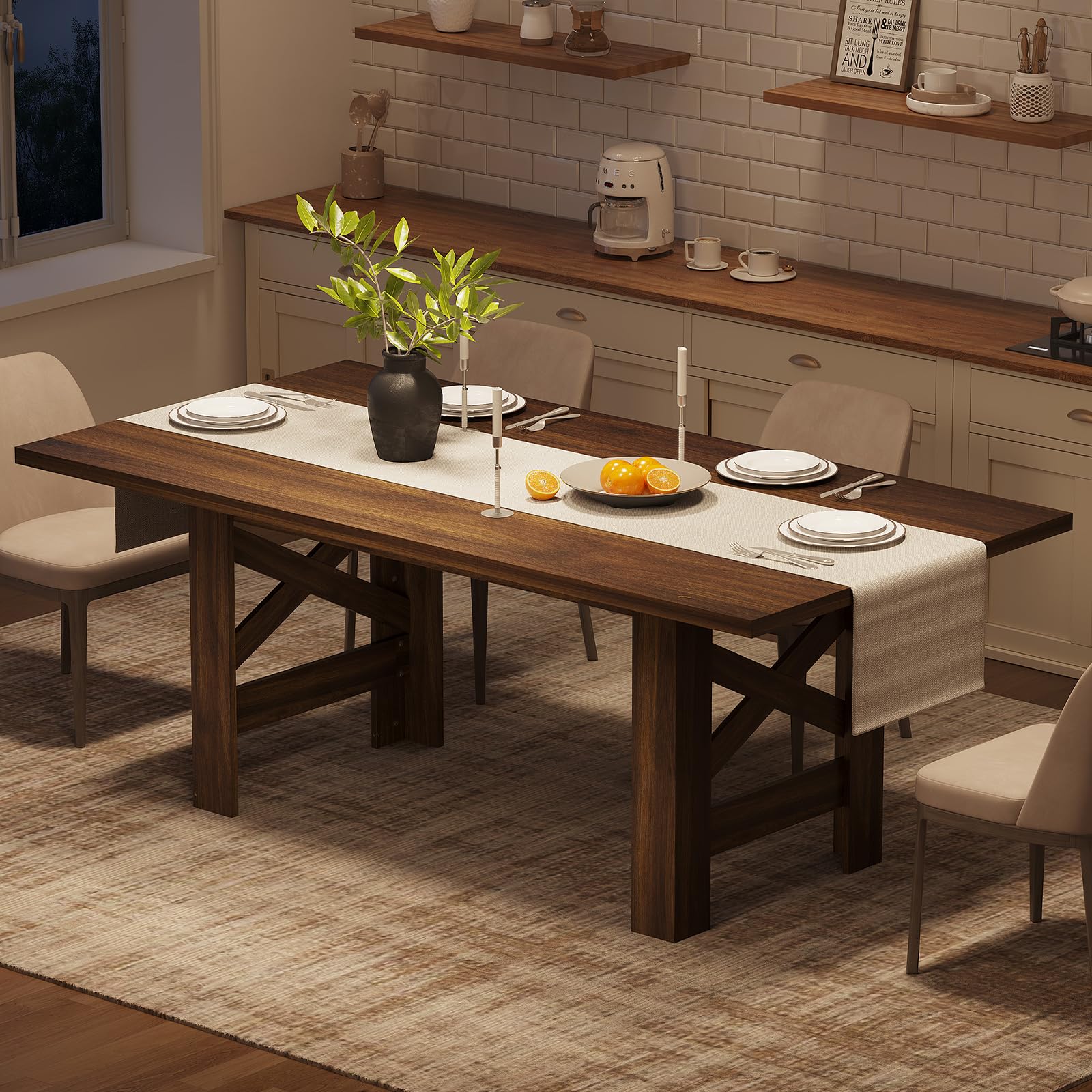 Photo 1 of ***MISSING SOME HARDWARE, SOME CHIPPED WOOD PANELS, SELLING AS IS FOR PARTS, FINAL SALE***GarveeHome Dining Table for 6-8, 71" Long Large Wooden Farmhouse Kitchen Table with Thick Sturdy Frame, Rectangular Dining Room Dinner Table with Stable Triangular L