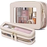 Pinkmik Clear Makeup Bag with Brush Case Travel Toiletry Bag Waterproof Cosmetic Organizer Car Essentials for Women (B/Beige, SLIM+M)
