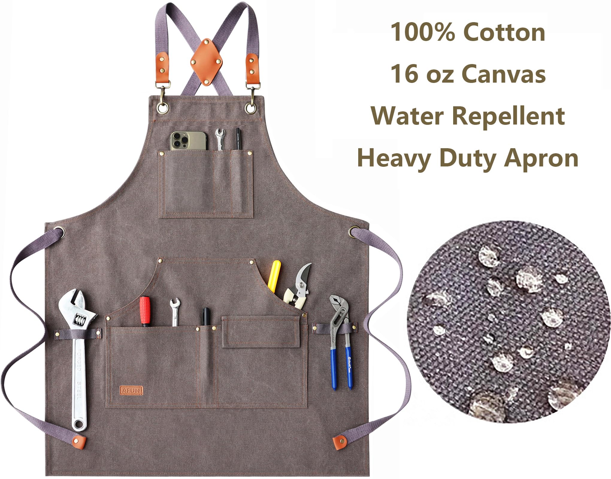 AFUN Work Aprons for Men with Large Pockets, Cotton Canvas Cross Back Heavy Duty Adjustable Tool Apron, Size M to XXL (Grey)