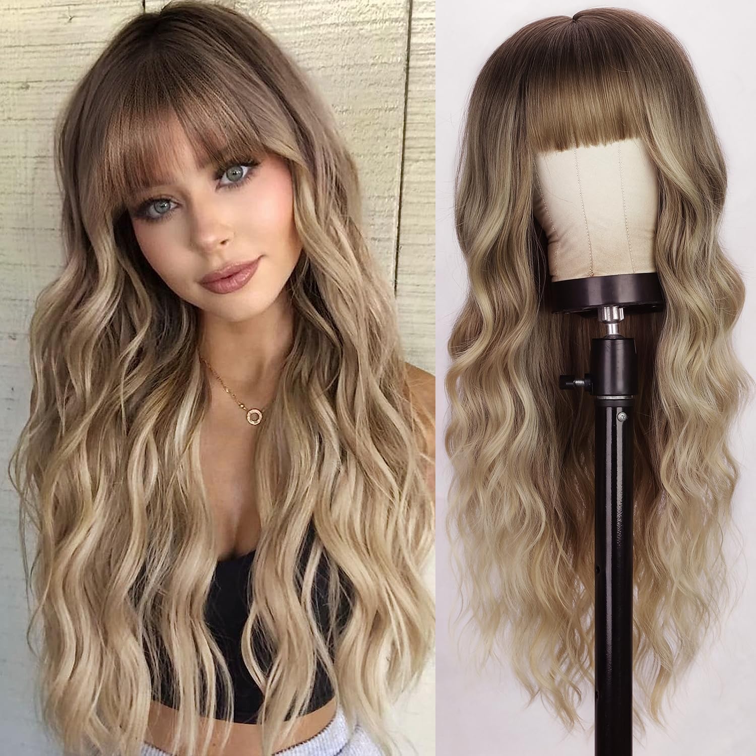 PORSMEER Long Wavy Curly Ombre Blonde Wig with Fringe for Women Natural Synthetic Hair Heat Resistant Wigs for Ladies Daily or Party Cosplay Wear-26 Inches — image 1