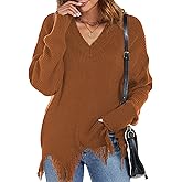 Femfady Women Sweater Fall Off The Shoulder V Neck Fringe Knit Pullover Long Sleeve Tops