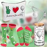 JenPen 4 Pcs Valentine's Day Golf Gifts for Women Girls Include 17oz Glass Cup with Lid Straw Golf Sock Makeup Cosmetic Bag Keychain Accessories for Mom Coach Players Lover Team