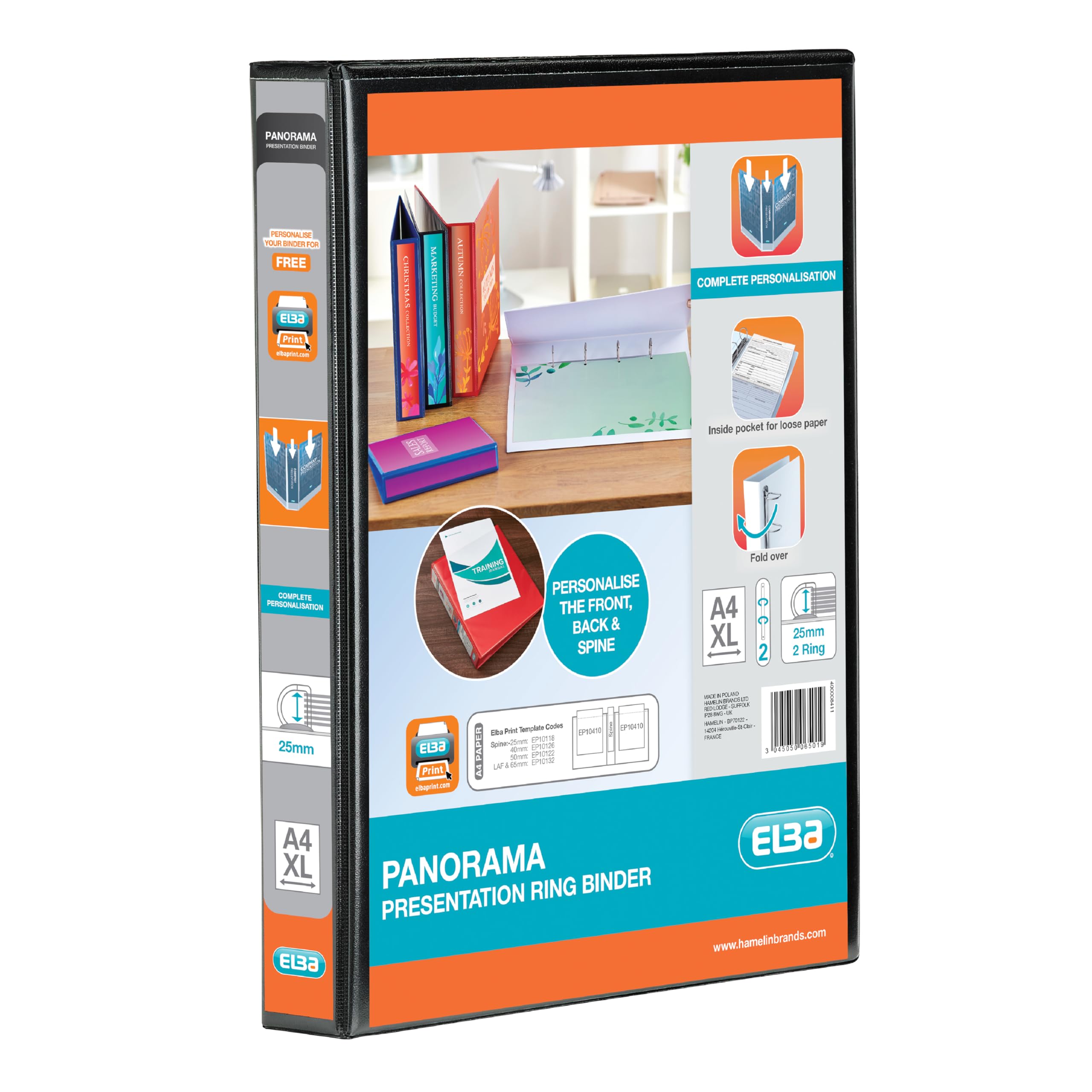 Elba A4 2 D-Ring Binder, 25mm capacity, 40mm spine, Presentation Folder with Customisable Cover, Portrait, Black (Single)