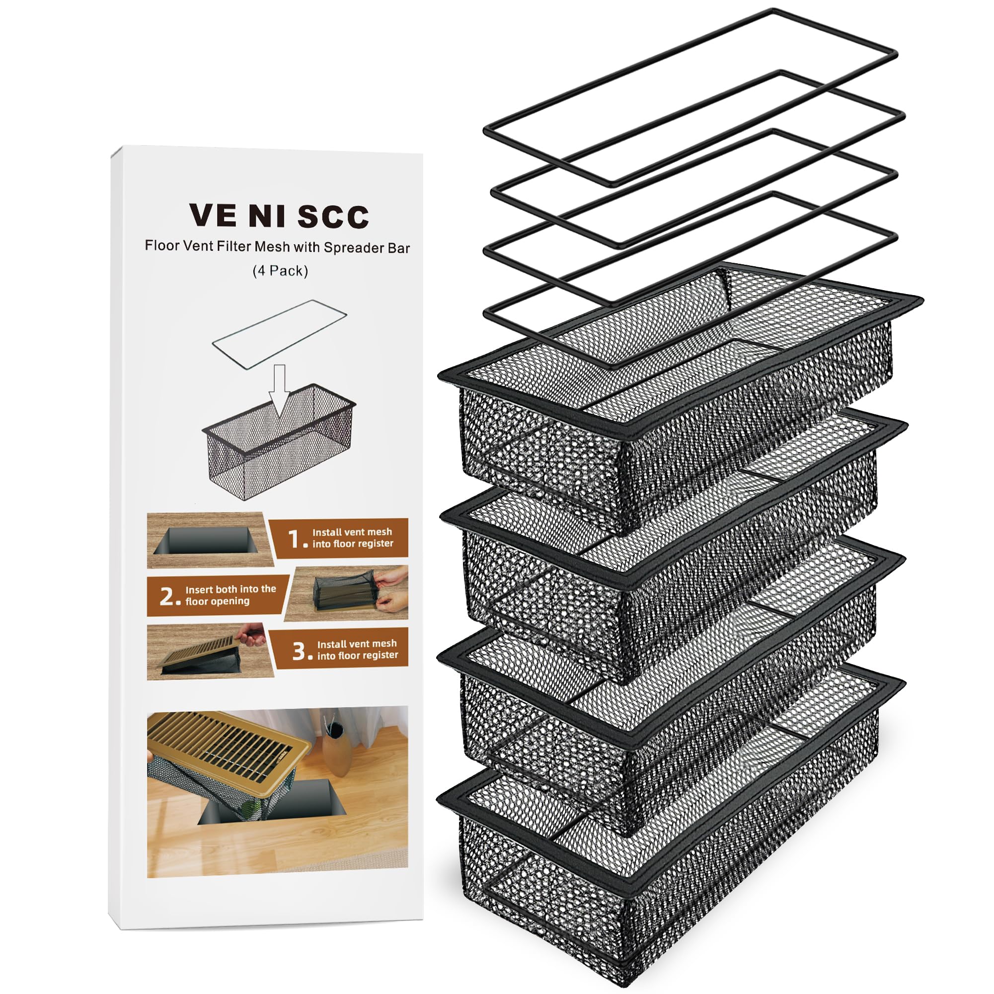 Photo 1 of Floor Vent Screen Net for Home Floor, Floor Register Cover Trap 4 x 12 Inch, Air Vent Filter Mesh Catches Coin, Toys, Pet Food and Hair - with Spreader Bar 4 Pack
