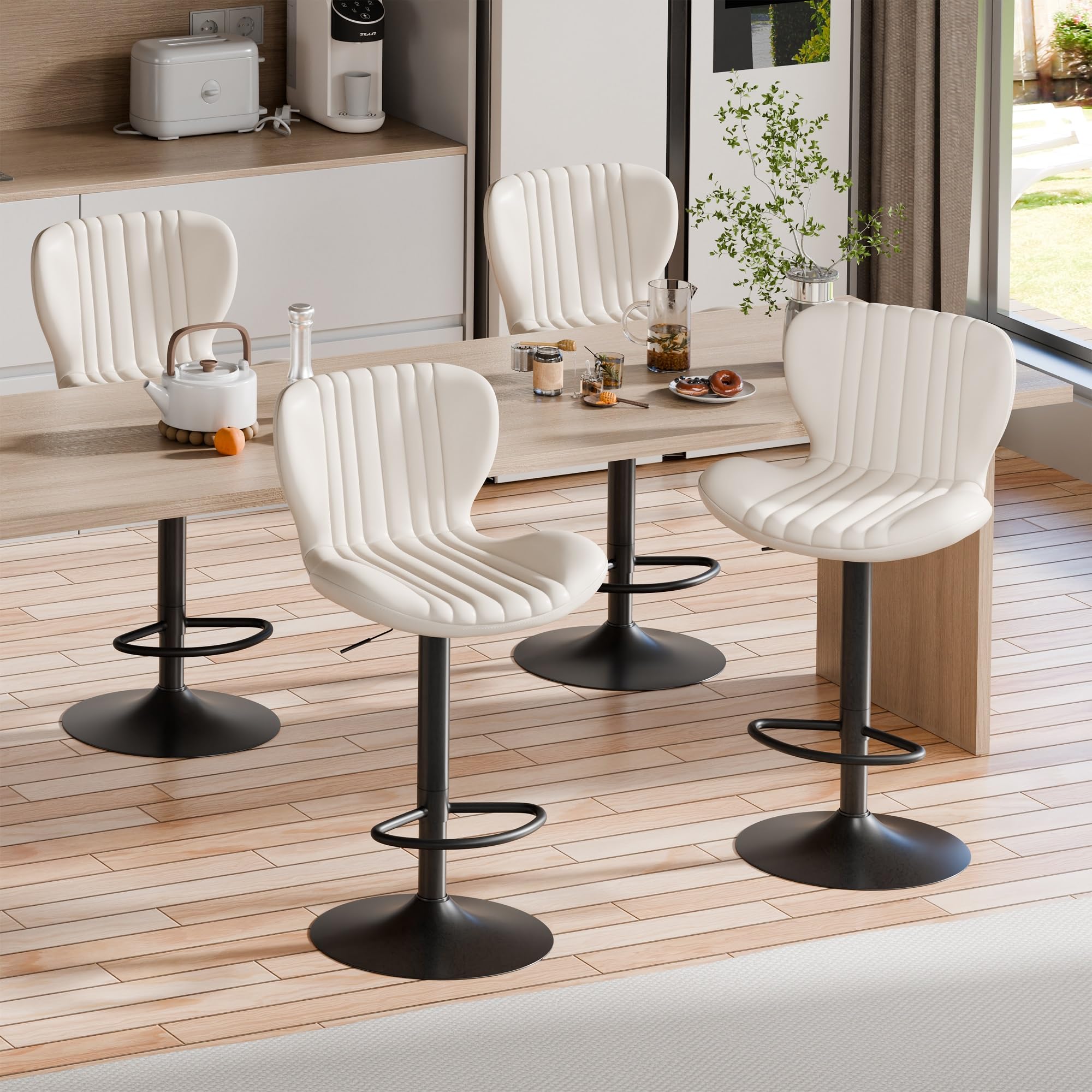 Photo 1 of **Partial set, only 2 chairs available*** Bar Stools Set of 4 Modern Swivel Bar Chairs, Counter Height Faux Leather Metal Barstools, Upholstered Island Chairs with Back and Footrest, Beige