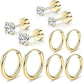 Gokeey 316L Surgical Steel Earrings for Women Men Hypoallergenic Cartilage Helix Conch Earrings for Sensitive Ears Small Gold Silver Hoop Flat Back Stud Earring Stack Set for Multiple Piercing Jewelry