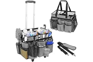 Timoxi Extra large Rolling Cleaning caddy bag with Detachable, Foldable Trolley Portable Cleaning Cart for Housekeeping Cleaning caddy with Adjustable Shoulder Strap and Multiple Storage Pockets