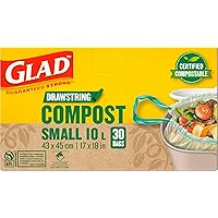 Glad 100% Compostable Drawstring Bags - Small 10 Litres - Drawstring, 30 Compost Trash Bags - Unscented