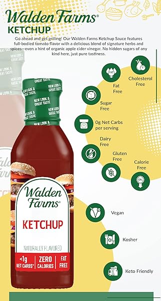 WALDEN FARMS KETCHUP – ZERO CALORIE, SUGAR FREE, KETO & NO CARB CLASSIC TOMATO CONDIMENT FOR BURGERS, FRIES & MORE – 2-PACK, 12 OZ BOTTLES