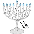 The Dreidel Company LED Electric Silver Hanukkah Tree of Life Menorah - Battery or USB Powered - Includes a Micro USB 4' Charging Cable (Single)