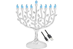 The Dreidel Company Large 12 Inch High LED Electric Silver Hanukkah Tree of Life Menorah - Includes a Micro USB 4' Charging Cable or Uses 3 AA Batteries (not Included)