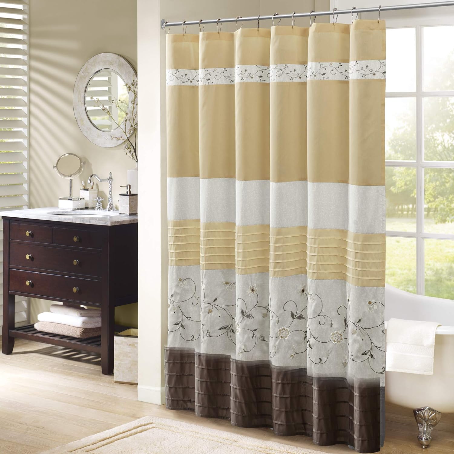 Madison Park Serene Shower Curtain Faux Silk Embroidered Floral Machine