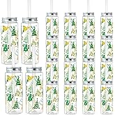 Potchen 24 Pcs 14.2 oz Christmas Plastic Cups with Lids and Straws Christmas Tree Reusable Tumbler Beer Can Iced Coffee Cup for Adults Xmas Party Supplies