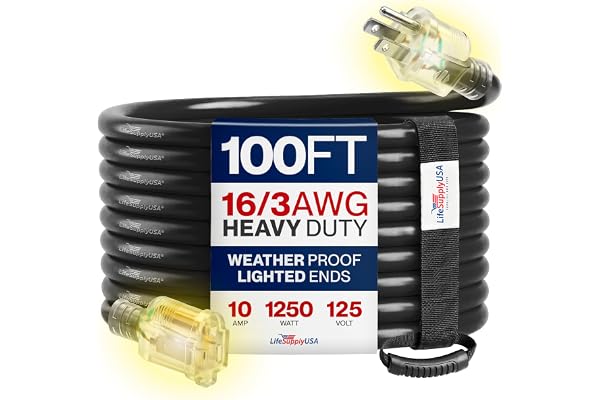 100ft Outdoor/Indoor Extension Cord 16/3 Gauge Heavy Duty 3 Prong SJTW, Waterproof, Flexible Cold-Resistant Long Power Cord,1