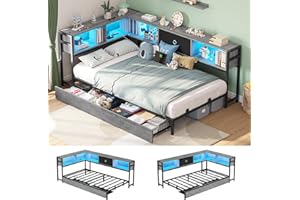 Hasuit Twin Corner Bed Frame with Storage Drawers and Bookcase Headboard, Twin Size Metal Platform Corner Bed Frame with Charging Station and LED Lights, Twin Daybed for Kids Teens Guests, Oak Gray