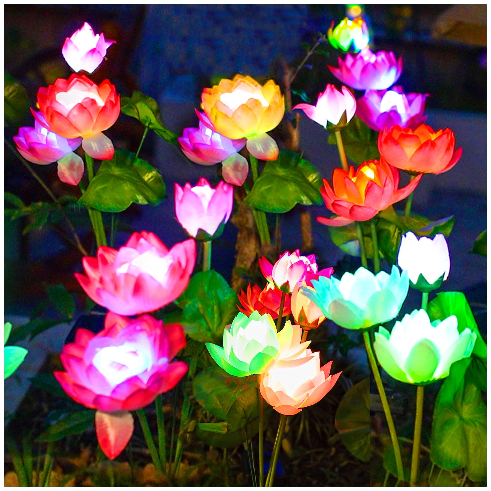 Solar Garden Lights - 7-Color Changing Lotus Lights for Yard, Garden Decoration, Bigger Solar Panel & Realistic Lotus Flowers (2 Pack)