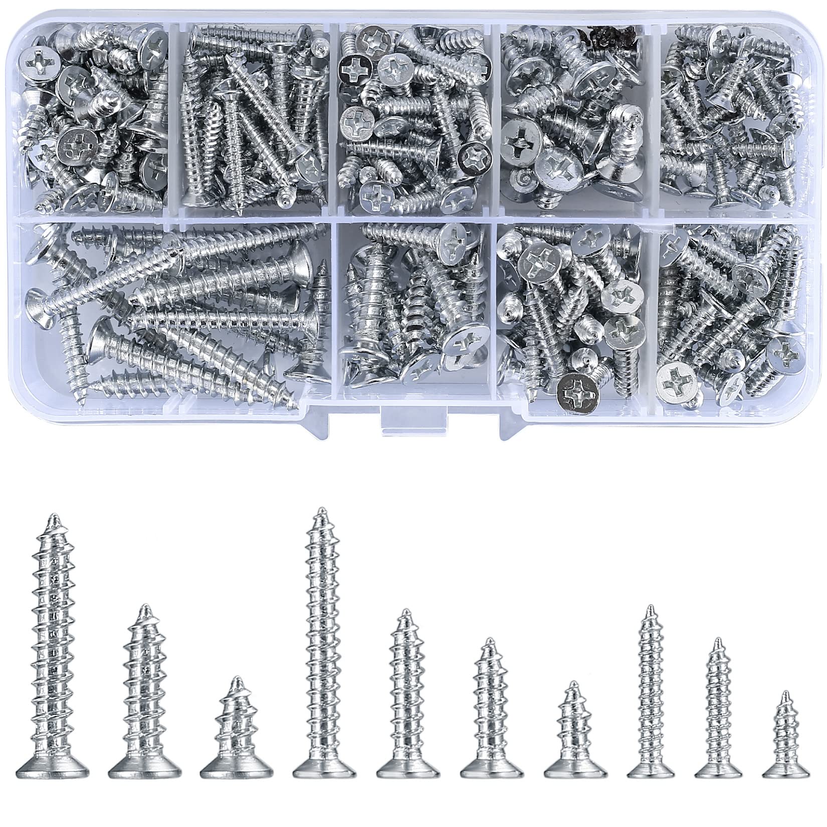 Vwoqiy 228PCS Self Tapping Screws, M3/M4/M5 Cross Drive Flat Countersunk Head Wood Screws, Metal Self Drilling Screw for Woodworking, with Storage Box (silver 228)