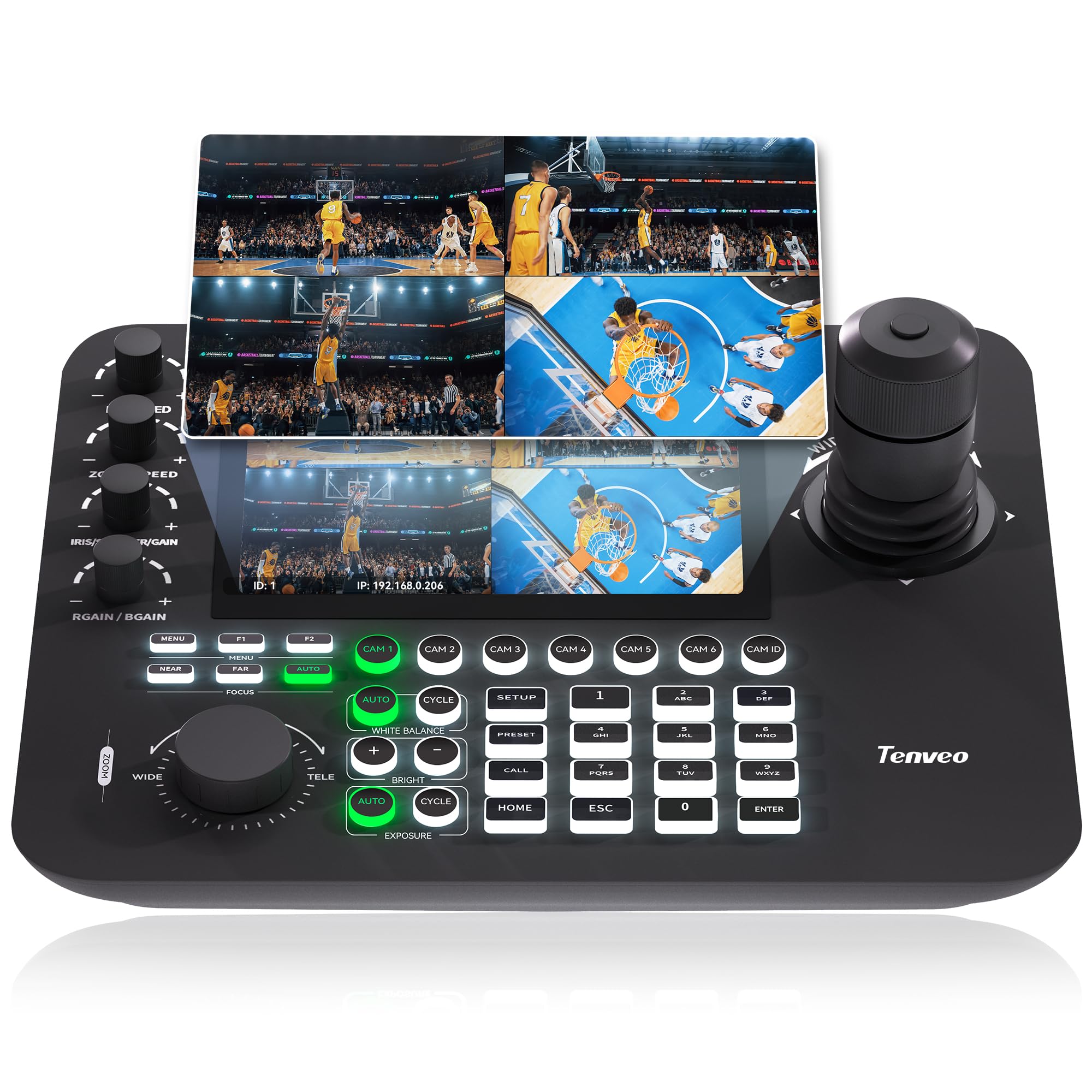 Tenveo PTZ Camera Joystick Controller, 7’’ LCD Quad-Screen Preview, 4D Joystick Controller, NDI License Included, Support NDI PoE VISCA Pelco-D/P For Church Worship