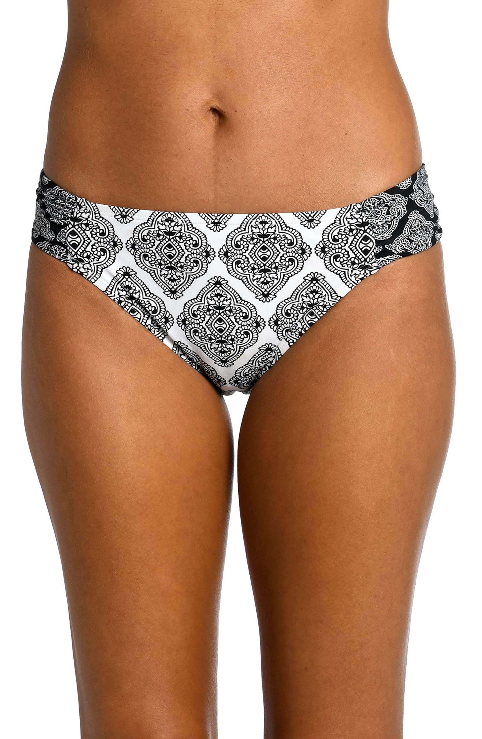 La Blanca Women’s Side Shirred Hipster Swimsuit Bottom, Black/White//Oasis Tile, 10