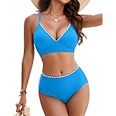 Blooming Jelly Womens High Waisted Bikini Sets Color Block Two Piece Swimsuits Ribbed Lace Up Back Bathing Suits