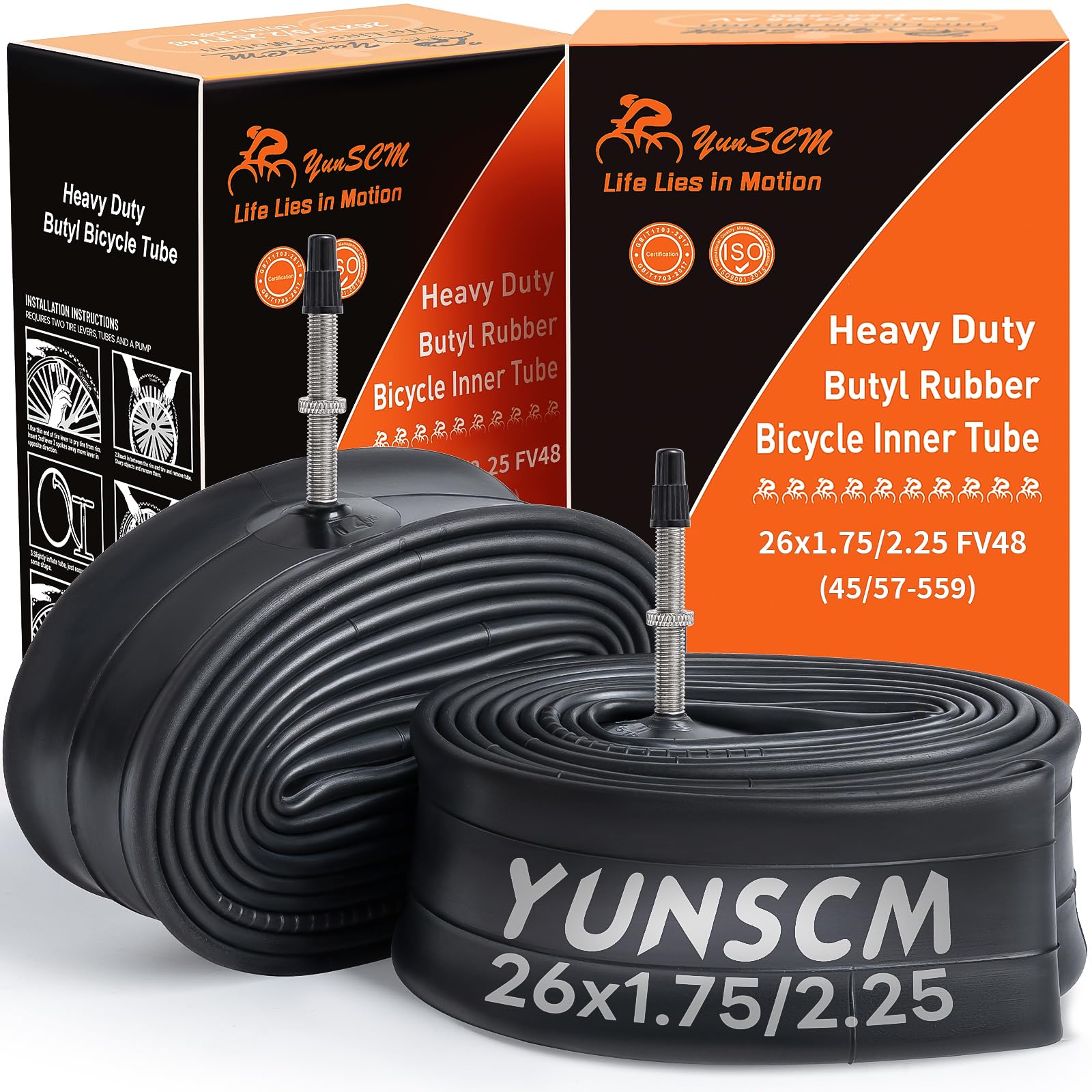 YunSCM 2-Pcs 26" Heavy Duty Bike Tubes 26x1.75/2.25 ETRTO 45/57-559 FV48mm Presta Valve 26" Bicycle Tyre Tubes Compatible With 26x1.75 26x1.80 26x1.95 26x2.0 26x2.10 26x2.125 26x2.25 Bike Inner Tubes