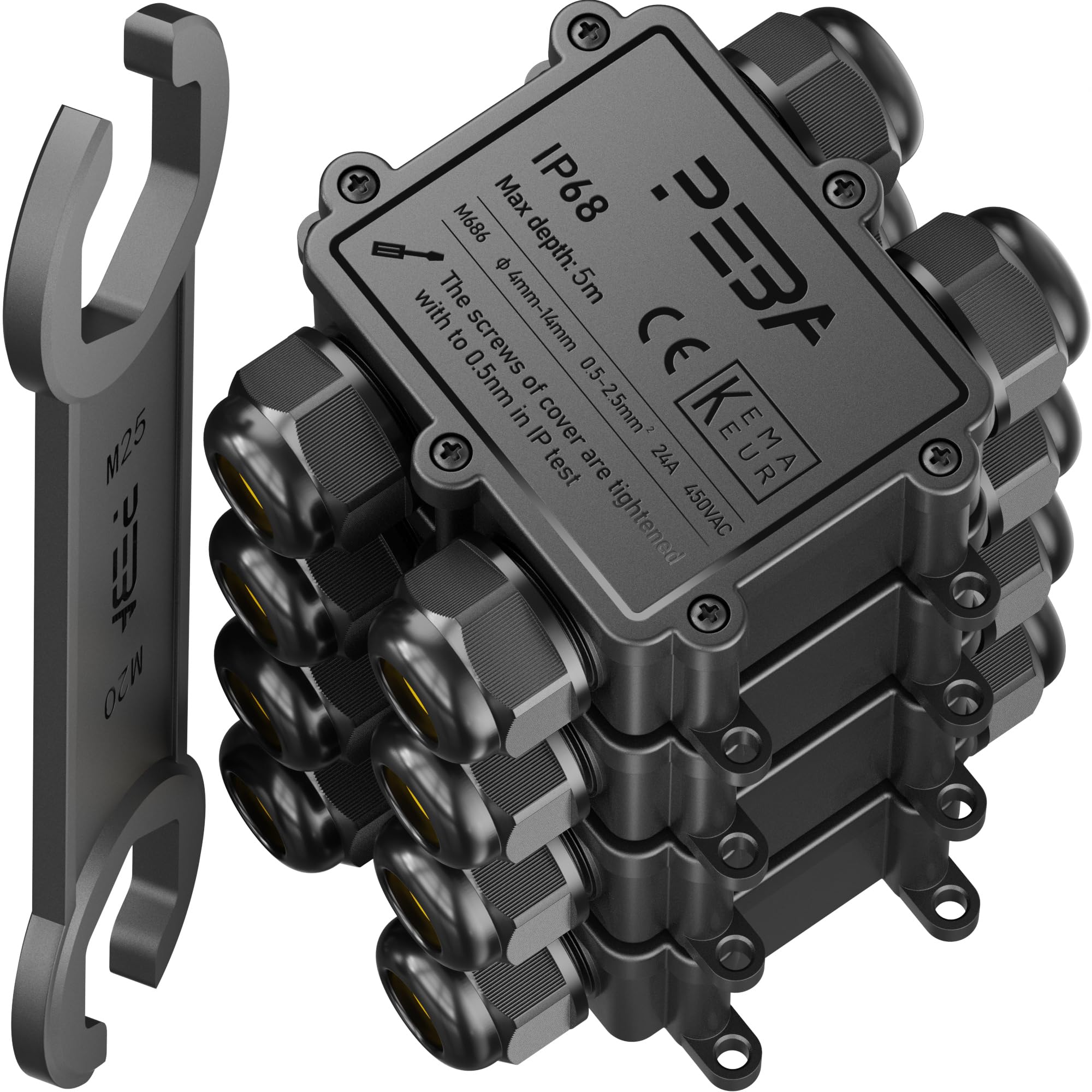 PEBA IP68 Waterproof Junction Box,Waterproof Cable Connector Outdoor, 4-Way Outdoor Cable Connectors, Wire Connector,Extension Electrical Cable Protector for Cable Diameter Ø4mm-14mm Black(4 Pack)