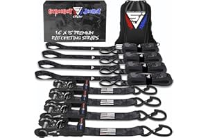 Ratchet Straps Tie Down Kit Incl. (4) Heavy Duty Rachet Tiedowns (1.6" x 15') with Coated S Hooks + (4) Soft Loop Tie-Downs (17") - 5,208 Total Break Strength by Straight Jacket Crew (Black Camo)