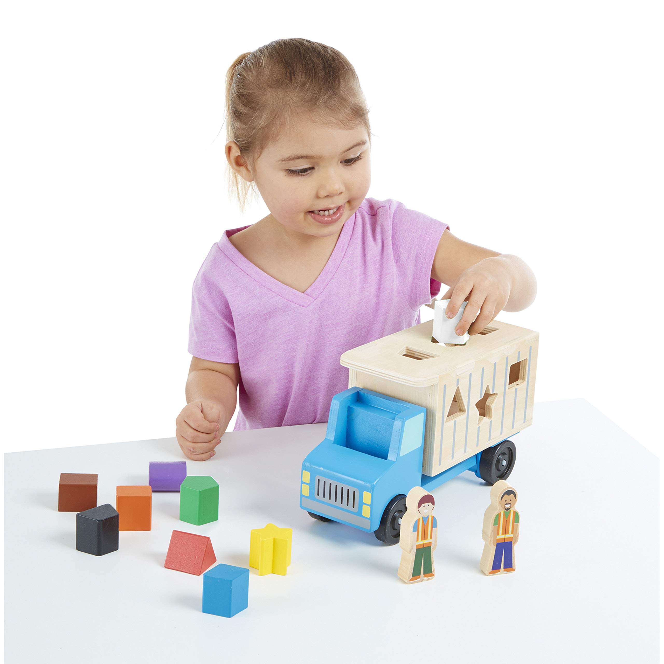 Melissa & Doug Shape-Sorting Wooden Dump Truck Toy with 9 Colorful Shapes and 2 Play Figures Wooden Vehicle Toys, Shape Sorter Toys for Toddlers Ages 2+
