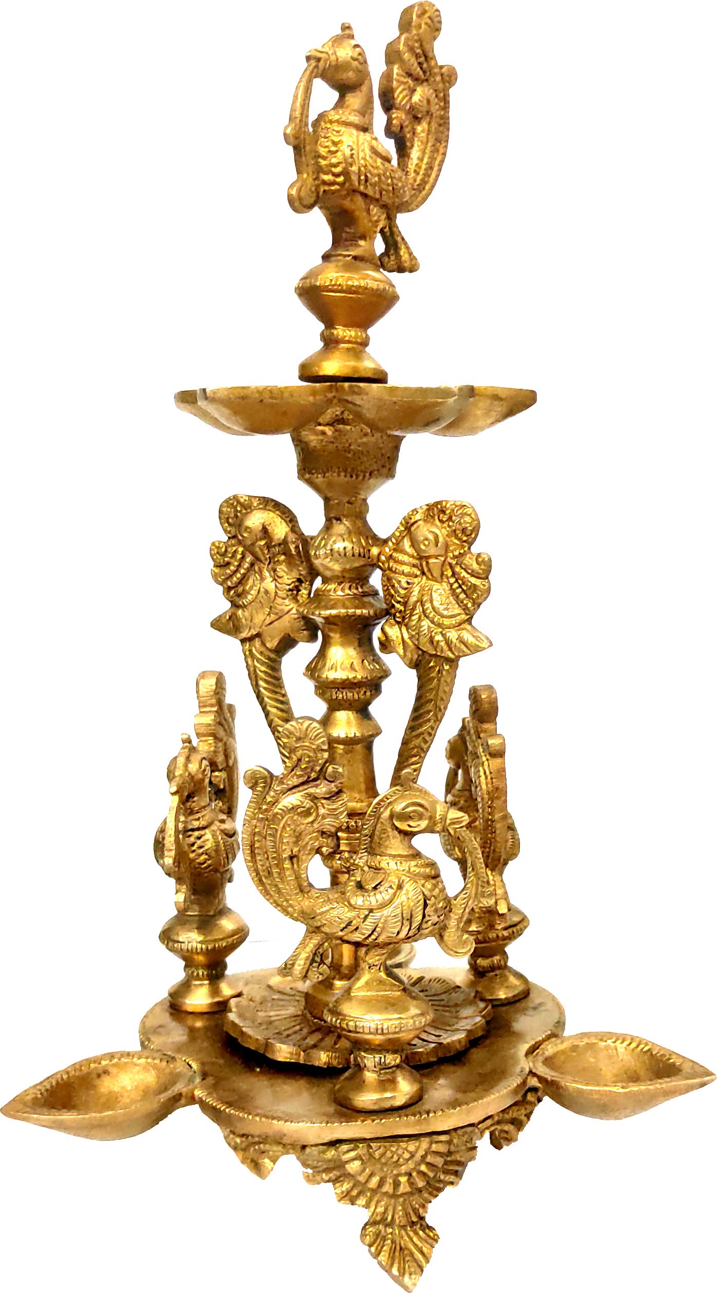 Purpledip Brass Oil Lamp Kuthu Vilakku: Antique Design Royal Deepam Diya with Parrots & Peacocks (12033)