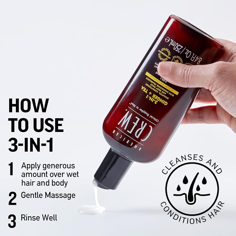 – 3 in 1 zenzero e tè shampoo, balsamo & Body Wash, 250 ml, shampoo e gel doccia per uomini, prodotto per la pulizia quotidiana di corpo e capelli