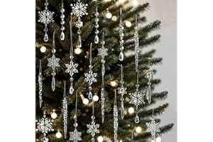 ELJGKKL Crystal Snowflake Ornaments, 20pcs Crystal Christmas Ornaments Including Acrylic Snowflake and Icicle Ornaments with Drop Pendants for Christmas Tree Decorations, Hanging Ornaments for Christmas